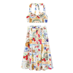 Ensemble d'été 2 pièces pour femme avec top licou et jupe midi évasée à motif Sicile