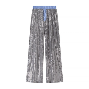 Pantalon large à paillettes argentées pour femme avec taille à rayures bleues
