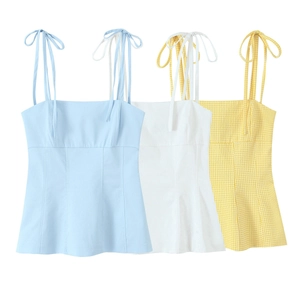 Damen Camisole Top mit Verstellbaren Schultergurten zum Binden Eckiger Ausschnitt Slim Fit Peplum Sommer Ärmellose Bluse