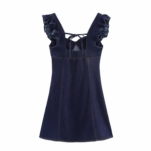Detail of cross-tie lacing on open back denim mini dress with ruffle straps