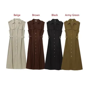 Women Sleeveless Lapel Button Down Linen Cotton Midi Dress With Belt Workwear Cargo Style Pockets Solid Color Casual Summer Dress
