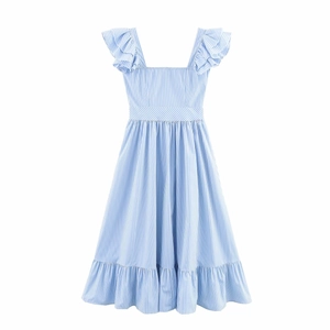 Robe midi à rayures bleues et blanches avec manches à volants et encolure carrée