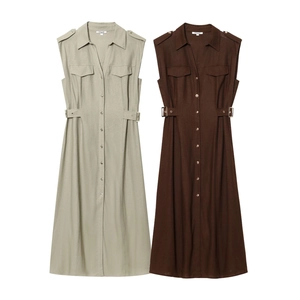 Detail of sleeveless midi utility dresses in olive and coffee brown colors with waist belts