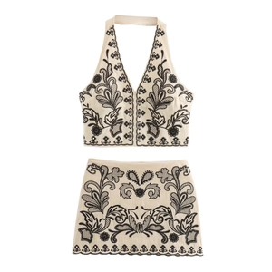 Women Halter V Neck Embroidery Crop Top And Mini Skirt Ethnic Floral Cotton Blend Sleeveless Top And Skirt Spring Summer