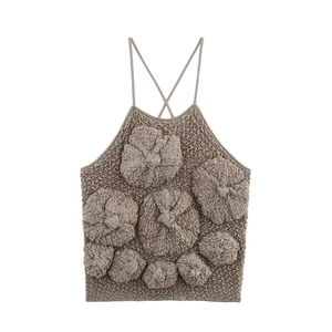 Crop Top Dos Nu Femme Floral 3D Texture Popcorn Dos Croisé Sans Manches Camisole Sexy Décontracté Été Débardeur