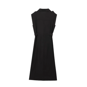 Rear view of black sleeveless midi linen dress with collar and waist adjustment straps