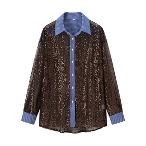 Chemisier femme à rayures bleu et blanc avec patchwork de paillettes brunes à manches