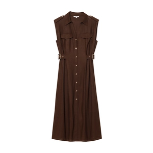 Detail of a brown sleeveless midi dress featuring button closure, pockets and a waist belt