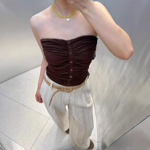 Dark brown ruched tube top for women with elegant front buttons and textured fabric