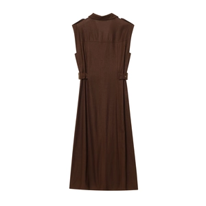 Detail of a dark coffee sleeveless linen midi dress with a waist buckle and A-line silhouette