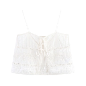 Women Retro White Polyester Cami Top Lace Embroidery Spaghetti Strap Bow Drawstring Sleeveless Crop Tank Top Summer Vest