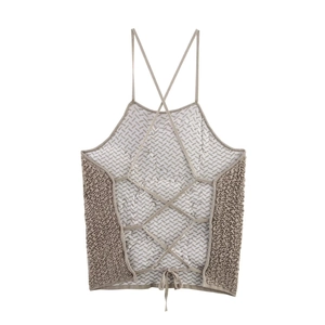 Top dos nu en maille avec bretelles croisées et motif géométrique beige et marron
