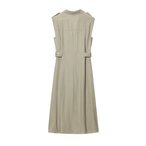 Detail of light khaki linen sleeveless midi dress showing back yoke pleats and waist tabs