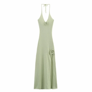 Robe Maxi en Tricot Dos Nu à Col en V Avec Fleur au Crochet 3D Fente Latérale Sans Manches Couleur Unie Robe de Vacances Femme
