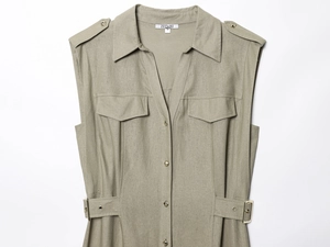 Detail view of khaki olive green linen midi dress with cargo pockets and metal buckle