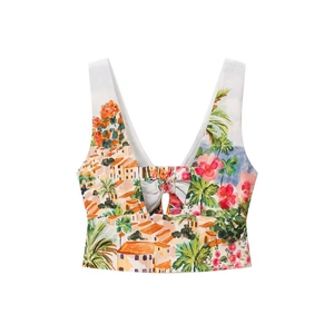 Vêtements en Polyester Rétro Style Vacances pour Femmes avec Imprimé Paysage Méditerranéen Crop Top à Nouer et Jupe Longue Taille Haute