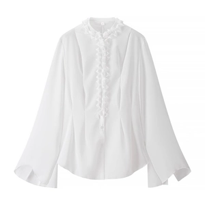 Elegant white long sleeve shirt for women with ruffled collar and flared cuffs design