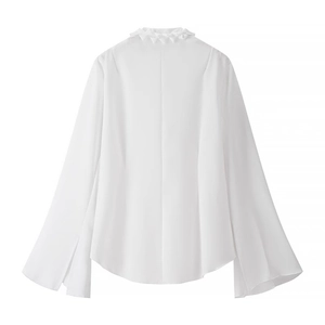 Elegant white chiffon blouse with ruffle stand collar and split flare sleeves back view
