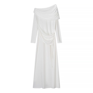 Elegant white long-sleeve floor-length dress with pleated off-shoulder neckline