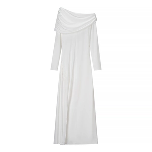 Elegant white long sleeve maxi dress with asymmetric off-shoulder neck and draped pleats