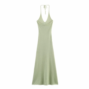Robe trapèze élégante en maille vert menthe avec décolleté en V et licou pour femmes