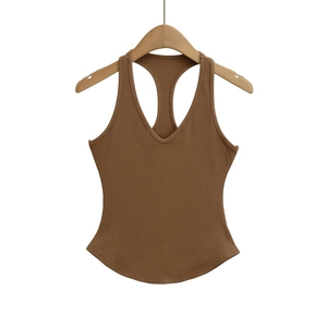 Detail view of brown ribbed knit racerback tank top with deep V-neck and curved hem