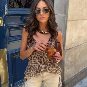 Débardeur à Volants Asymétriques pour Femmes Sexy Imprimé Léopard Pois Floral Sans Manches Ourlet Irrégulier Mode de Rue Été