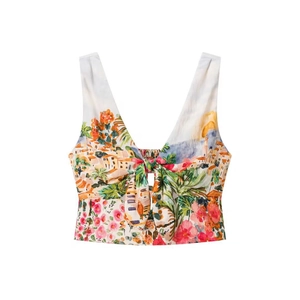 Damen Crop Top mit Blumenmuster und Knotendetail, cremefarbenes Design für den Sommer