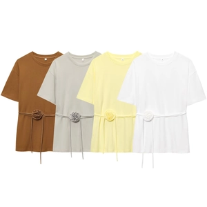 T-Shirt Femme Doux Décoration Fleur Rose 3D Manches Courtes Col Rond Polyester Décontracté Top avec Lien à la Taille