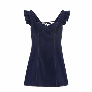 Women Sexy Deep Blue Denim Mini Dress Ruffle Straps Lace Up Backless A-Line Short Dress With Contrast Stitching Streetwear