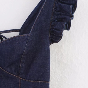 Fashionable dark blue denim mini dress with ruffle details and orange contrast stitching
