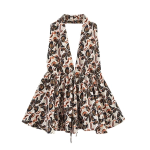 Women's 2025 spring halter wide-leg jumpsuit with abstract floral print in beige and orange