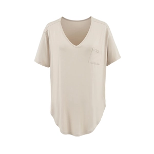 Women's V-neck short sleeve T-shirt with pocket and curved hem in neutral beige
