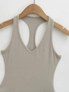 Close-up of oatmeal gray ribbed tank top featuring a V-neckline and racerback design