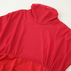 Elegant red semi-transparent mesh turtleneck top with stylish ruched shoulder details