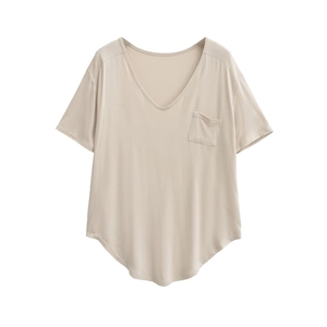 Women's casual V-neck short sleeve T-shirt with pocket and curved hem in apricot