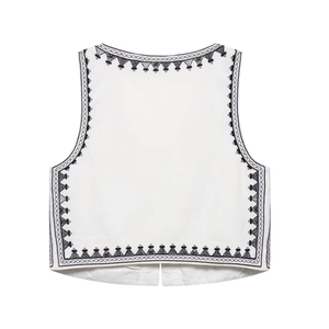 White sleeveless cotton linen vest with ethnic black embroidery and geometric patterns
