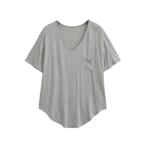 Women's casual grey V-neck short sleeve T-shirt with pocket and curved hemline