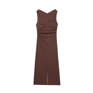 Damen Französisch Elegant Wasserfallausschnitt Ärmellos Gerafft Maxi Kleid Sexy Seitenschlitz Hohe Taille Einfarbig Etuikleid