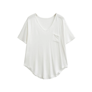 Women's casual white V-neck short sleeve T-shirt with pocket and high-low curved hem