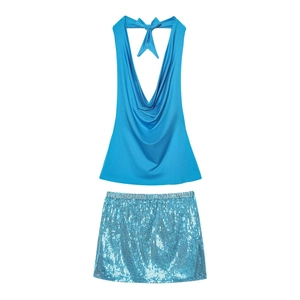 Women's Sexy Royal Blue Halter Neck Cowl Neck Backless Satin Top And Sequined Mini Skirt Party Club Night Out Outfits