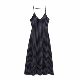 Women's 2025 early spring chic black and white polka dot slip maxi dress with V-neck line