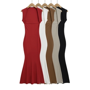 Abito Lungo Maxi da Donna in Maglia a Costine Senza Maniche con Scollo Quadrato Vestibilità Aderente Elegante Orlo a Coda di Pesce Tinta Unita Sexy Bodycon