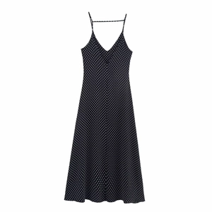 Chic black polka dot A-line midi dress with thin spaghetti straps and V-neckline