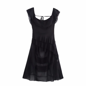 Elegant black sleeveless chiffon mini dress with ruffle layers and back tie detail