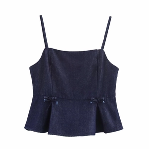 Women Casual Denim Peplum Cami Top Square Neck Sleeveless Slim Fit Deep Blue Bow Detail Ribbed Polyester Tank Top Streetwear