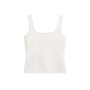 Detail showing high-quality knitted fabric and square neckline of off-white tank top