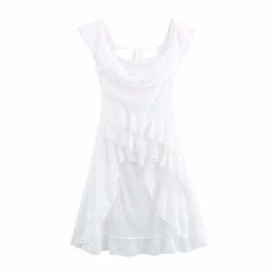 Elegant white chiffon maxi dress with ruffled hem and asymmetrical draping for women