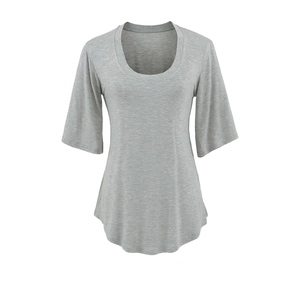 Women casual grey crew neck short sleeve tee with curved hem and soft knit fabric
