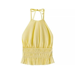 Women Vintage Halter Neck Camisole Summer Smocked Tank Top With Ruffle Hem Lemon Yellow Sleeveless Backless Mesh Crop Top